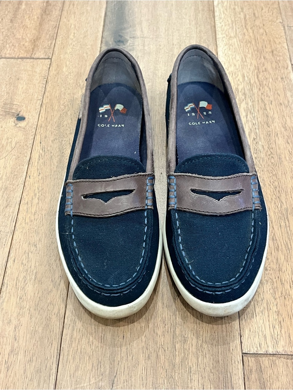 Cole Haan Navy Canvas and Brown Trim Slip-On Loafers